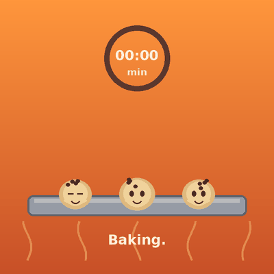 Three smiling cookies baking on a tray, with a timer counting down